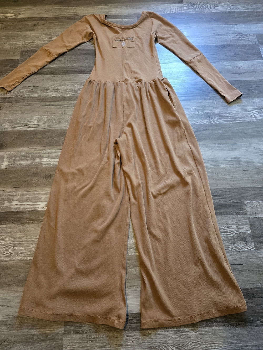 Free People FP Movement Hot Shot Wide Leg Long Sleeve Jumpsuit Tan Medium - Picture 9 of 12